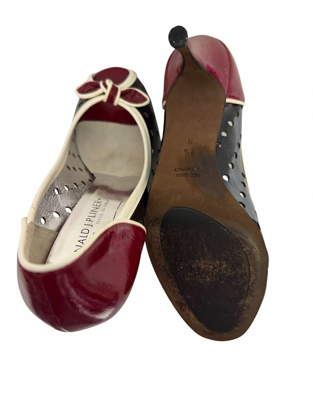 Donald J. Pliner Burgundy and Cream Bow Peep-Toe Heels - Picture 4 of 5